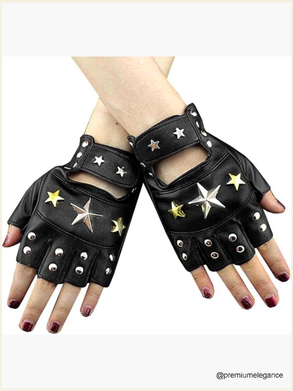 Fingerless Leather Gloves Star Studded Driving Rock Punk Black One Size